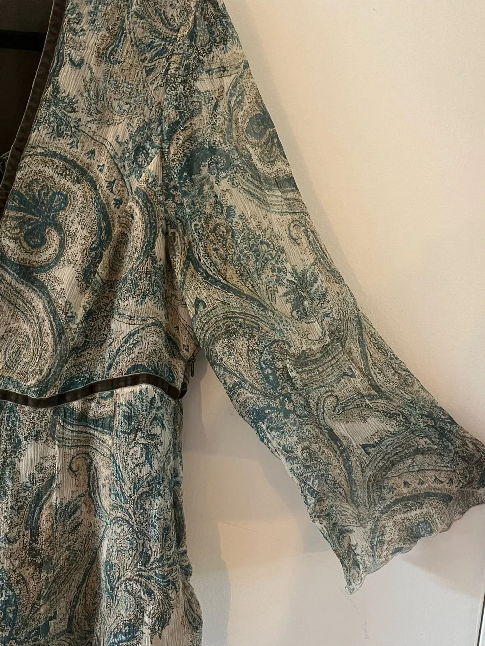 Y2K Silk Blouse Paisley Fairy Bell Sleeves Flowy Dainty Boho Velvet Detail - Picture 2 of 10